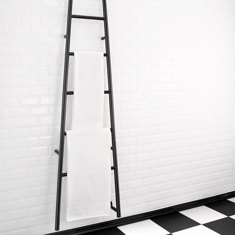 Jeeves Model a Ladder Drying Rack in Matte Black Corner View Mounted on White Wall