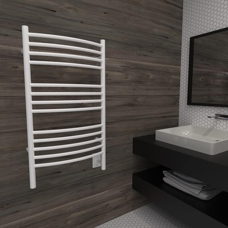 Jeeves Model C Curved 13 Bar Towel Warmer in White Corner View Beside Vanity