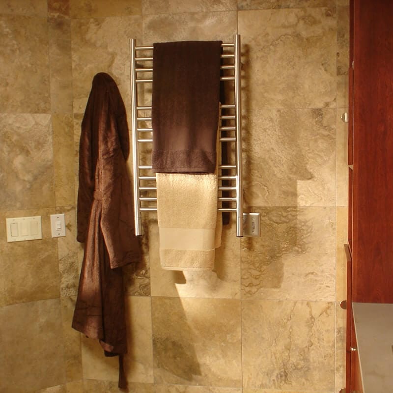 Jeeves Model C Straight Towel Warmer in Brushed Stainless Corner View Lifestyle