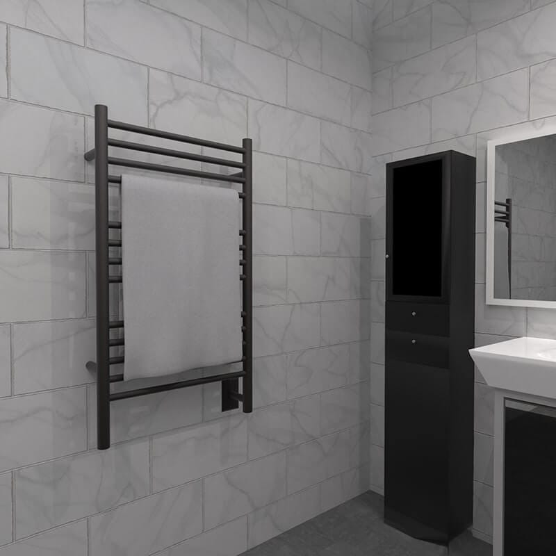 Jeeves Model C Straight Towel Warmer in Oil Rubbed Bronze Corner View Lifestyle