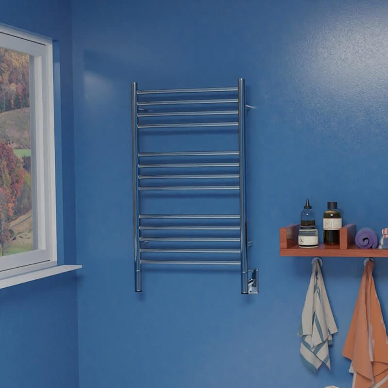 Jeeves Model C Straight Towel Warmer in Polished Stainless Mounted on Blue Wall