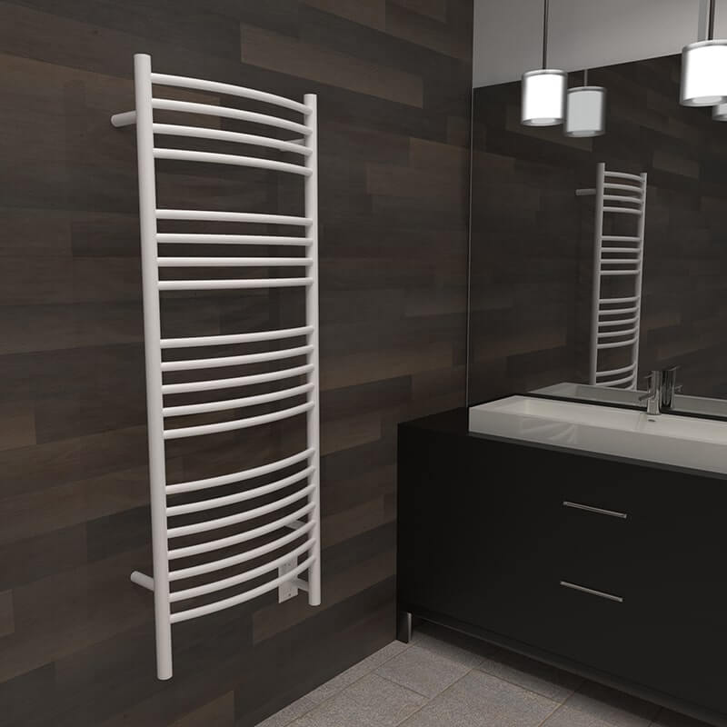 Jeeves Model D Curved Towel Warmer in White Corner View Mounted Near Vanity Cabinet