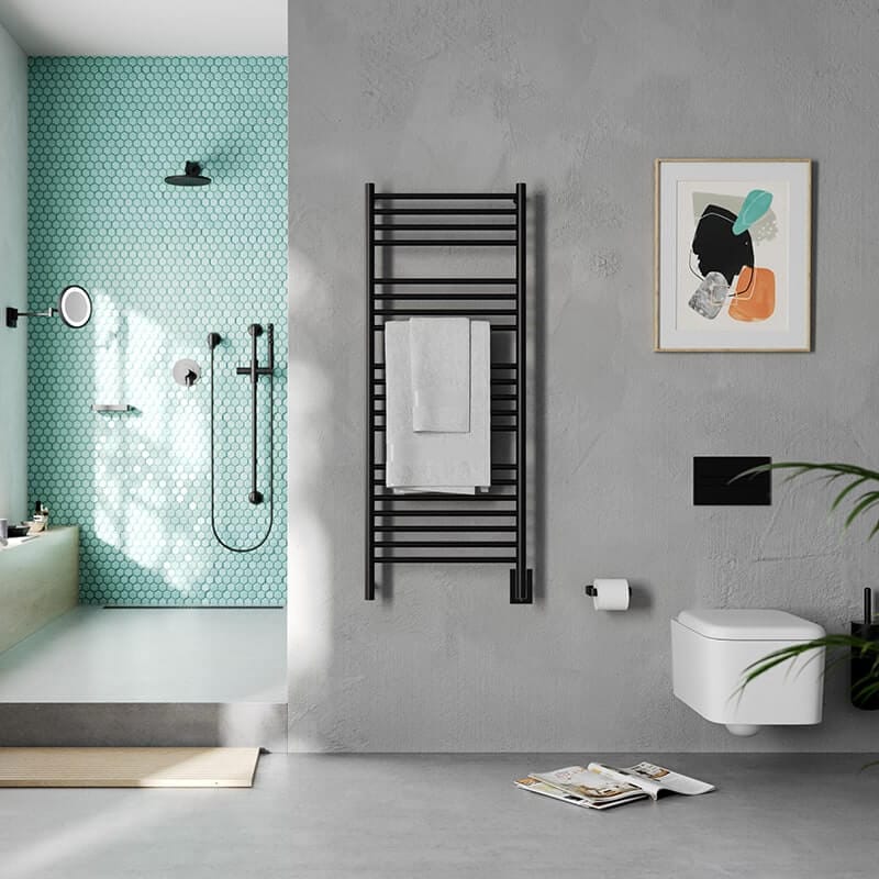 Jeeves Model D Straight in Matte Black Mounted in Between Shower and Hanging Toilet