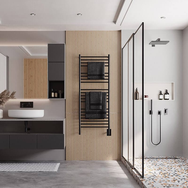 Jeeves Model D Straight in Oil Rubbed Bronze Front View Between Vanity and Shower