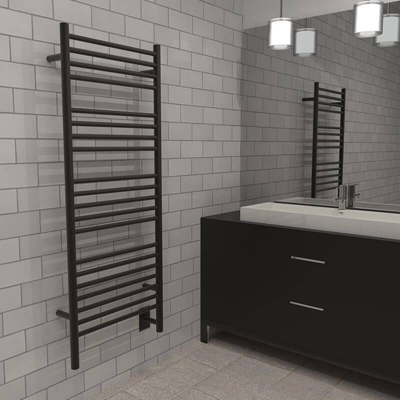 Jeeves Model D Straight Towel Warmer in Oil Rubbed Bronze Corner View Lifestyle