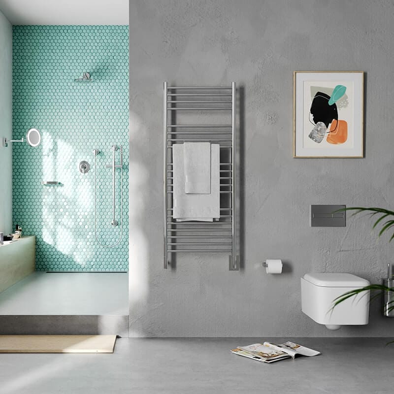 Jeeves Model D Straight Towel Warmer in Polished Stainless Mounted in Between Shower and Wall Hanged Toilet