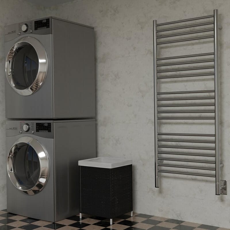 Jeeves Model D Straight Towel Warmer in Polished Stainless Mounted on a Laudry Room