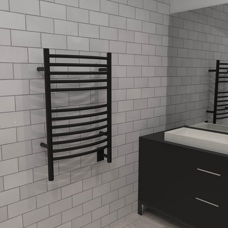 Jeeves Model E Curved 12 Bar Towel Warmer in Matte Black Corner View Lifestyle