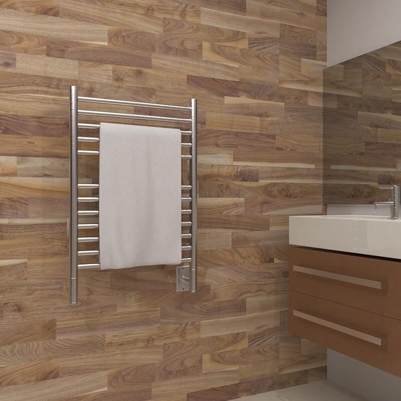 Jeeves Model E Straight Towel Warmer in Brushed Stainless Corner View Lifestyle