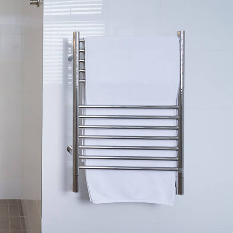 Jeeves Model E Straight Towel Warmer in Polished Stainless Corner View Up Close