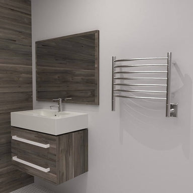 Jeeves Model H Curved 7 Bar Towel Warmer in Brushed Stainless Beside Vanity