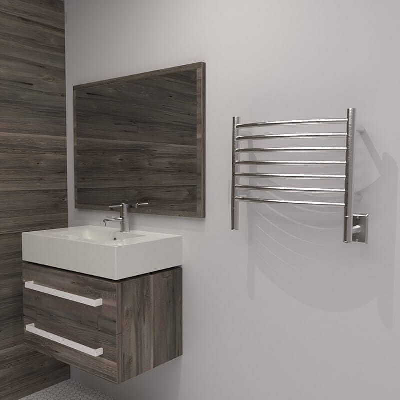 Jeeves Model H Curved 7 Bar Towel Warmer in Brushed Stainless Beside Vanity