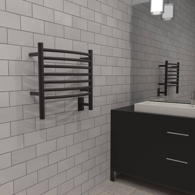 Jeeves Model H Curved Towel Warmer in Oil Rubbed Bronze Corner View Lifestyle