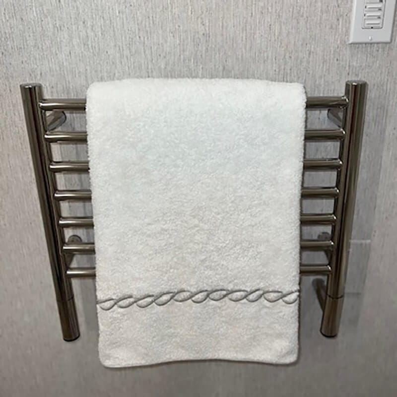 Jeeves Model H Straight Towel Warmer in Polished Stainless Front View Up Close