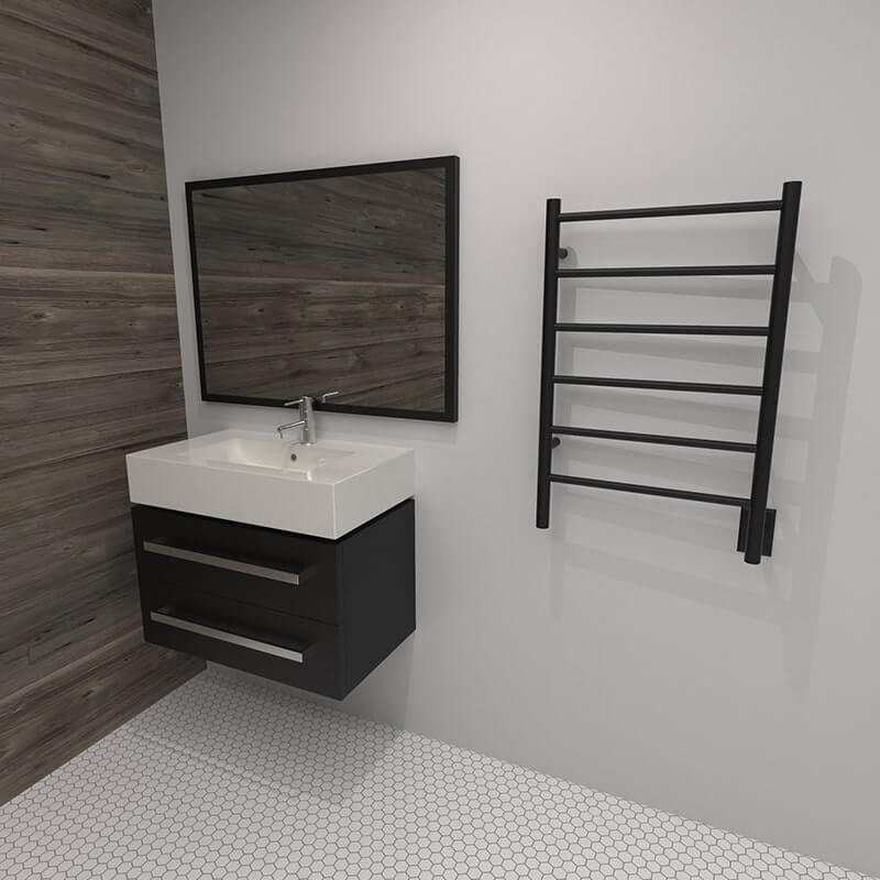 Jeeves Model J Straight 6 Bar Drying Rack in Matte Black Beside Vanity in Bathroom