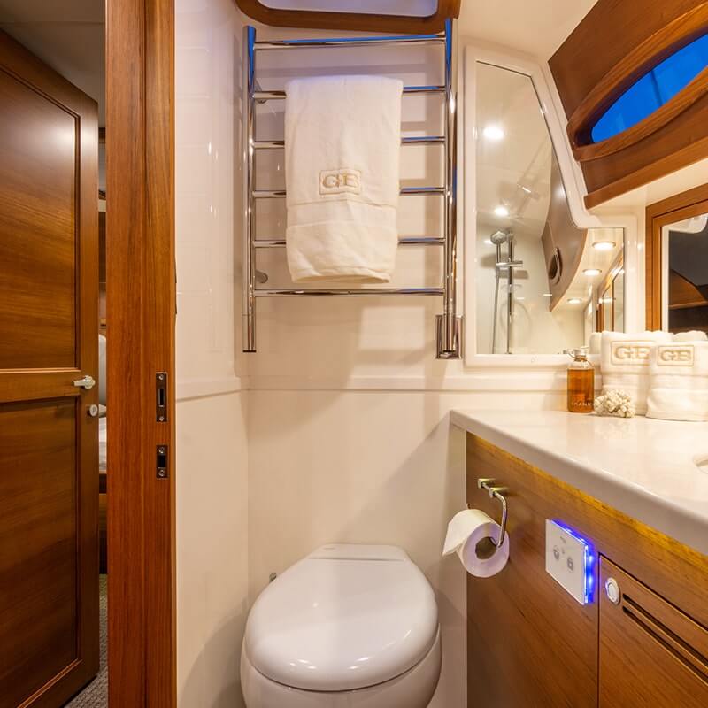 Jeeves Model J Straight in Polished Stainless Mounted on Top of a Toilet With Towel