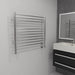 Jeeves Model K Straight Towel Warmer in Brushed Stainless Corner View Beside Vanity
