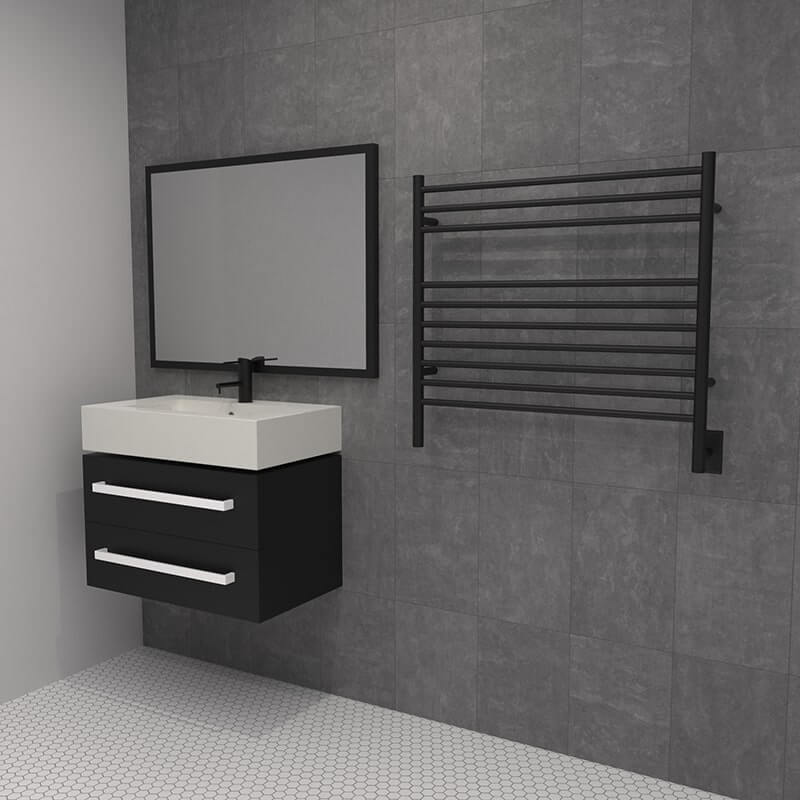 Jeeves Model K Straight Towel Warmer in Matte Black Beside Vanity