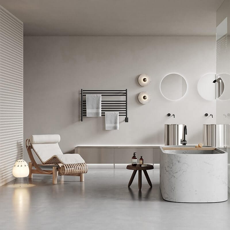 Jeeves Model L Straight 10 Bar Towel Warmer in Matte Black Front View Lifestyle