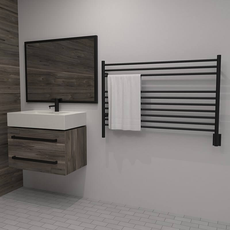 Jeeves Model L Straight Towel Warmer in Matte Black Corner View With White Towel
