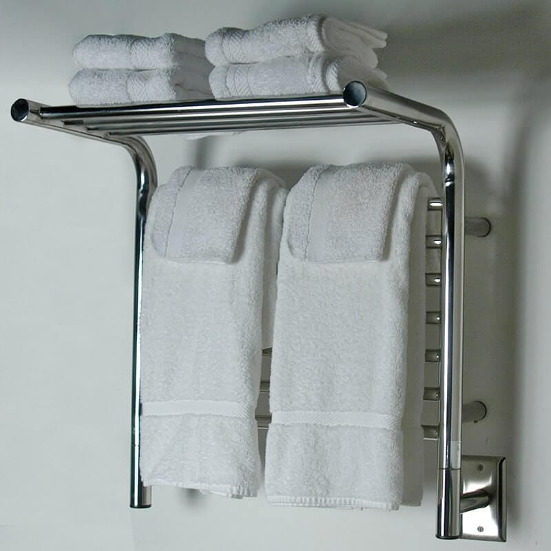 Jeeves Model M Shelf 11 Bar Towel Warmer in Polished Stainless With Multiple Towels