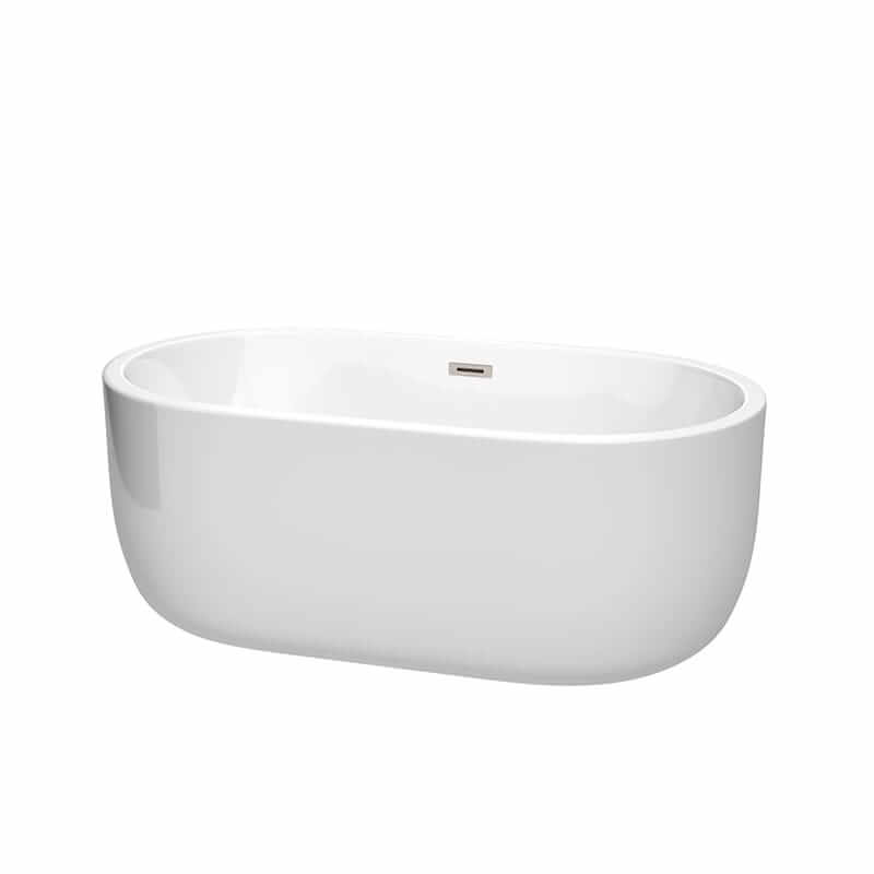 Juliette 60" Freestanding Acrylic White Bathtub With Brushed Nickel Trim No Faucet Top Front View