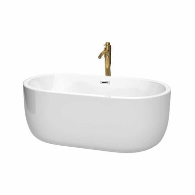 Juliette 60" Freestanding Acrylic White Bathtub With Polished Chrome Trim and Brushed Gold Faucet Top Front View