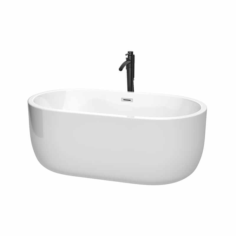 Juliette 60" Freestanding Acrylic White Bathtub With Polished Chrome Trim and Matte Black Faucet Top Front View