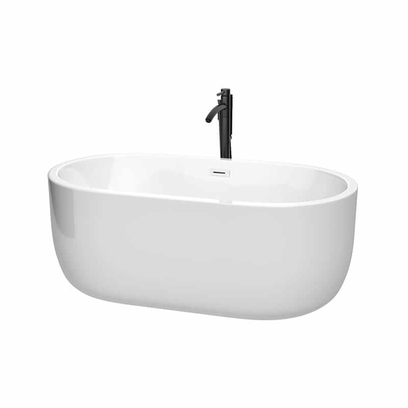 Juliette 60" Freestanding Acrylic White Bathtub With Shiny White Trim and Matte Black Faucet Top Front View