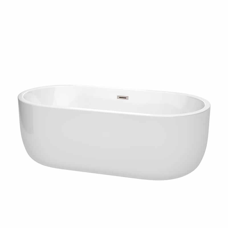 Juliette 67" Freestanding Acrylic White Bathtub With Brushed Nickel Trim No Faucet Top Front View