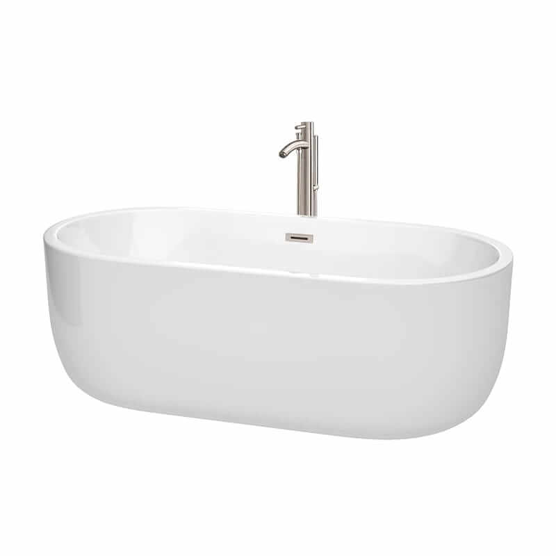 Juliette 67" Freestanding Acrylic White Bathtub With Brushed Nickel Trim Top Front View