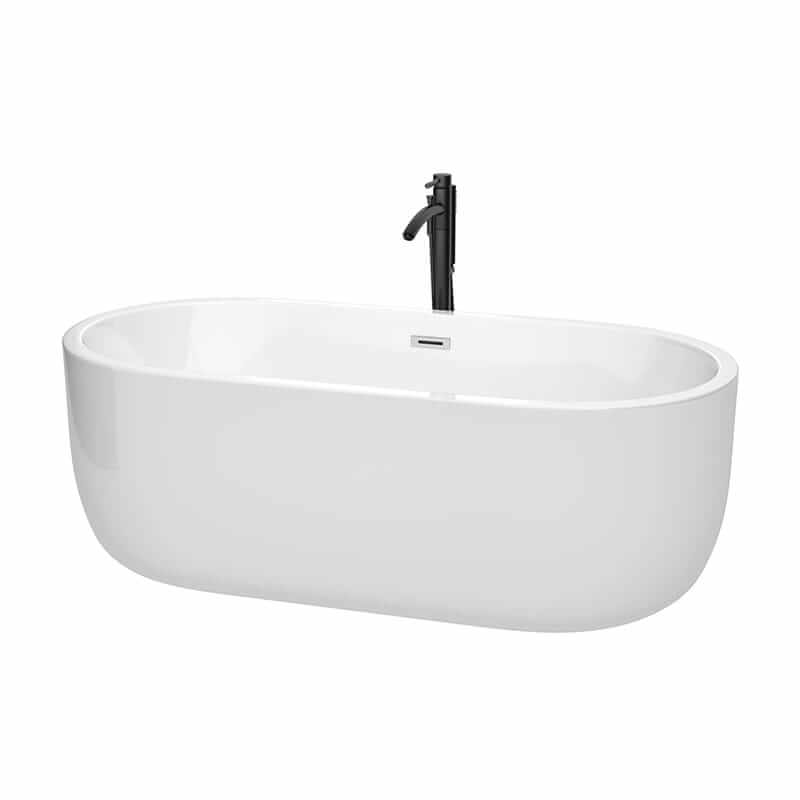 Juliette 67" Freestanding Acrylic White Bathtub With Polished Chrome Trim and Matte Black Faucet Top Front View