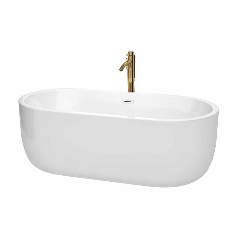 Juliette 67" Freestanding Acrylic White Bathtub With Shiny White Trim and Brushed Gold Faucet Top Front View