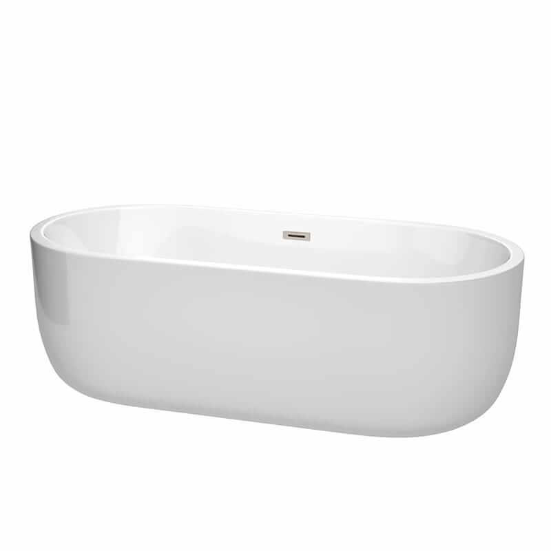Juliette 71" Freestanding Acrylic White Bathtub With Brushed Nickel Trim No Faucet Top Front View