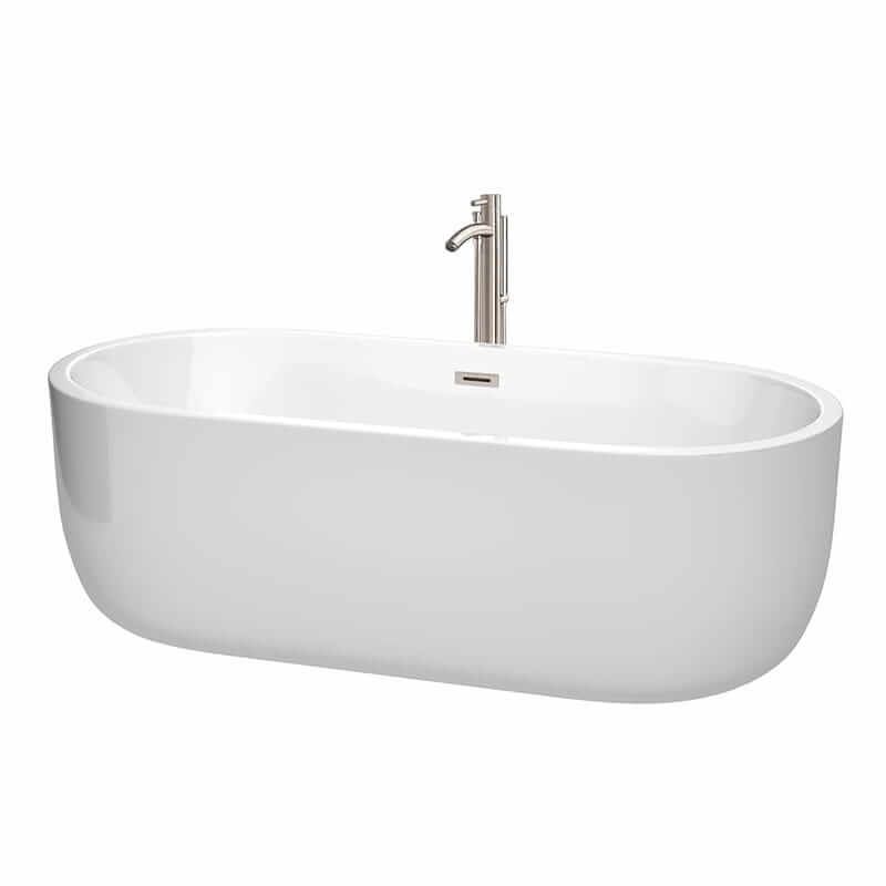 Juliette 71" Freestanding Acrylic White Bathtub With Brushed Nickel Trim Top Front View
