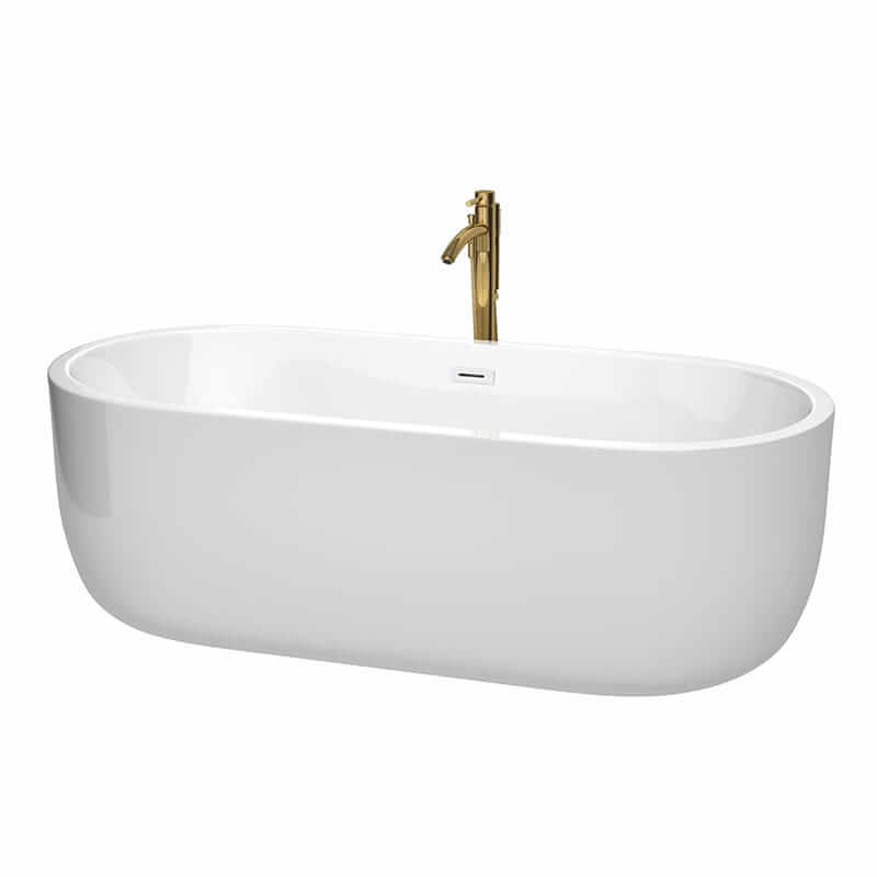 Juliette 71" Freestanding Acrylic White Bathtub With Shiny White Trim and Brushed Gold Faucet Top Front View