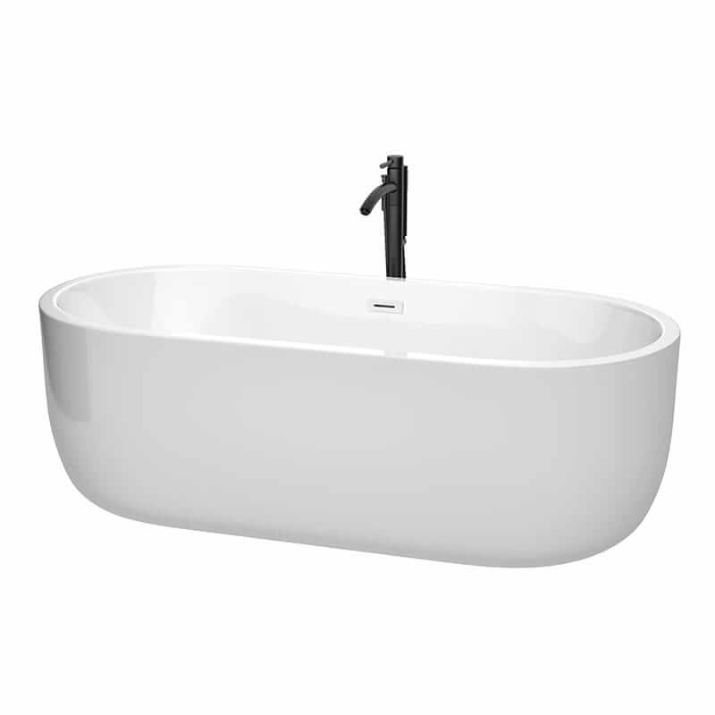 Juliette 71" Freestanding Acrylic White Bathtub With Shiny White Trim and Matte Black Faucet Top Front View