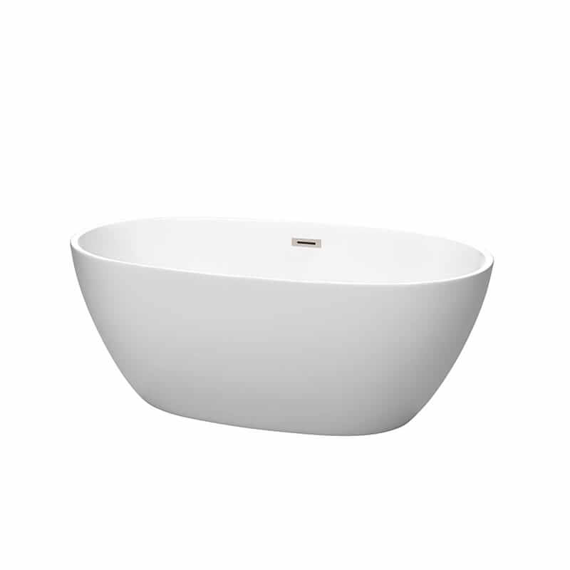 Juno 59" Freestanding Acrylic Matte White Bathtub With Brushed Nickel Trim No Faucet Top Front View