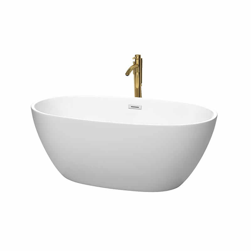 Juno 59" Freestanding Acrylic Matte White Bathtub With Polished Chrome Trim and Brushed Gold Top Front View