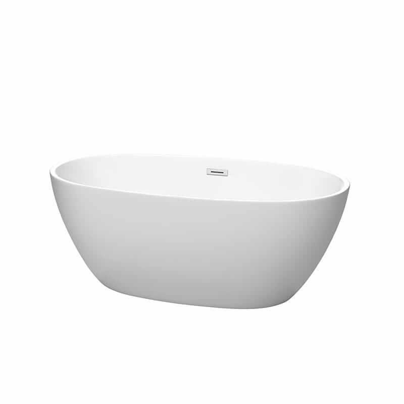 Juno 59" Freestanding Acrylic Matte White Bathtub With Polished Chrome Trim No Faucet Top Front View