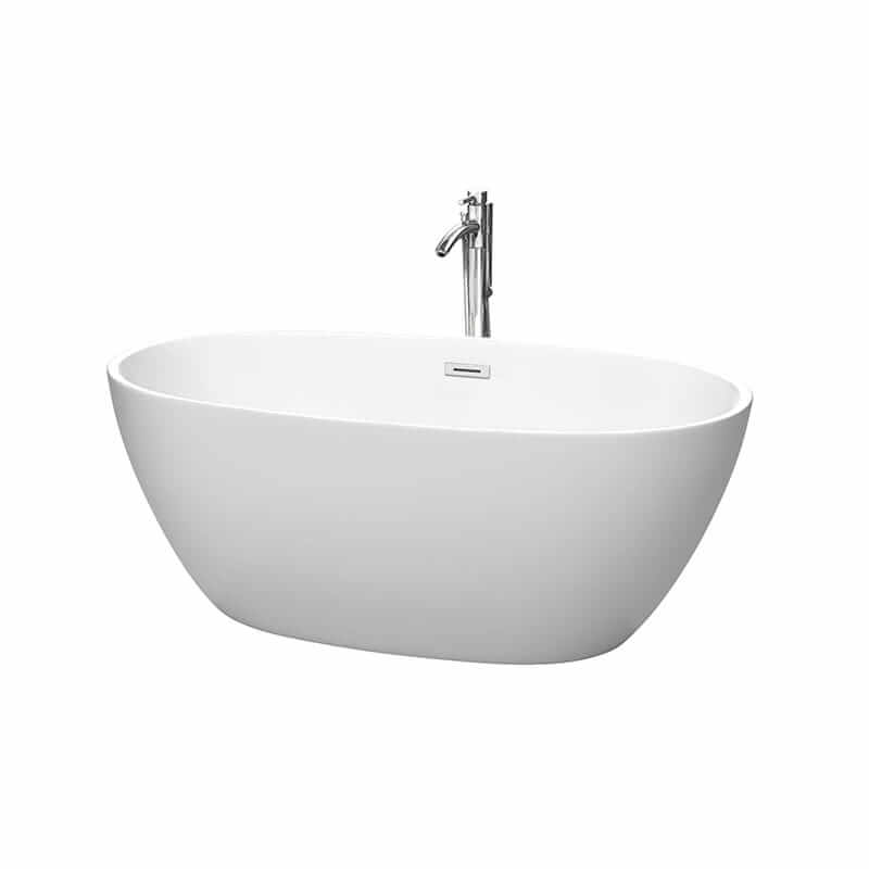 Juno 59" Freestanding Acrylic Matte White Bathtub With Polished Chrome Trim Top Front View
