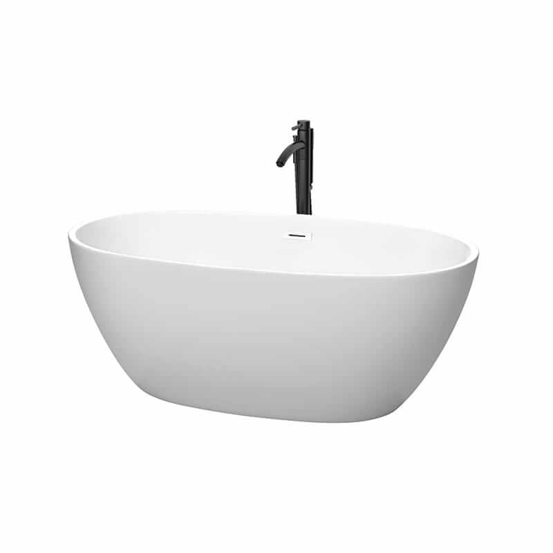 Juno 59" Freestanding Acrylic Matte White Bathtub With Shiny White Trim and Matte Black Faucet Top Front View
