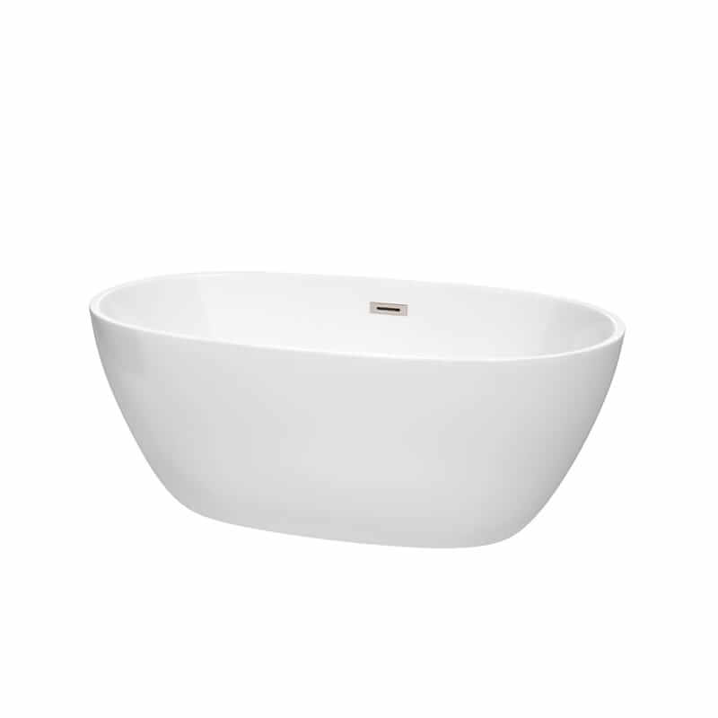 Juno 59" Freestanding Acrylic White Bathtub With Brushed Nickel Trim No Faucet Top Front View