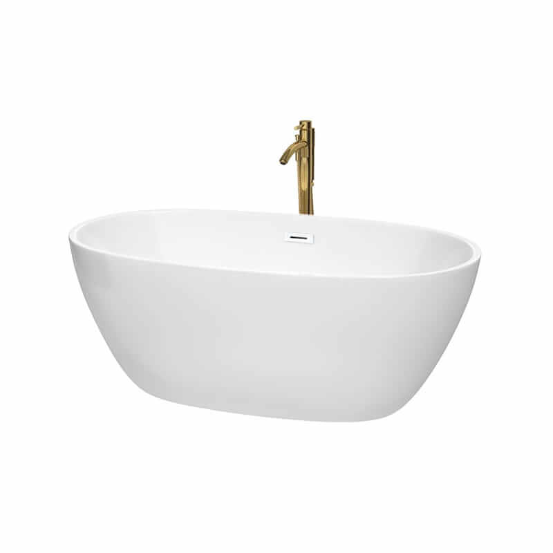 Juno 59" Freestanding Acrylic White Bathtub With Shiny White Trim and Brushed Gold Faucet Top Front View