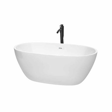Juno 59" Freestanding Acrylic White Bathtub With Shiny White Trim and Matte Black Faucet Top Front View