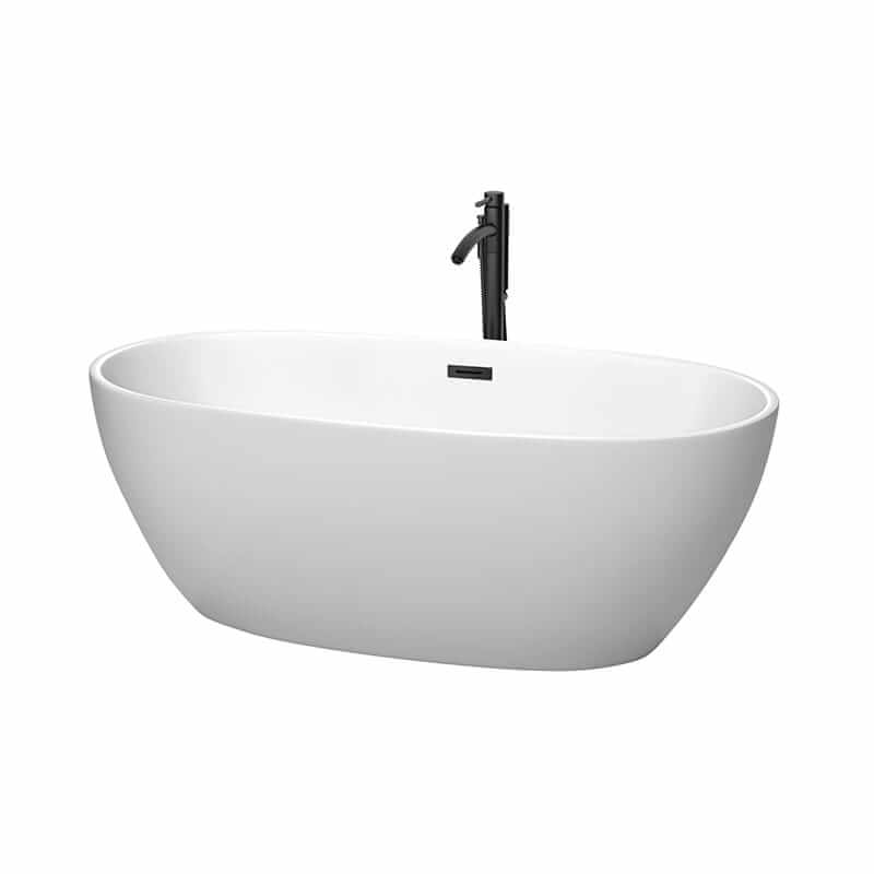 Juno 63" Freestanding Acrylic Matte White Bathtub With Matte Black Trim Top Front View