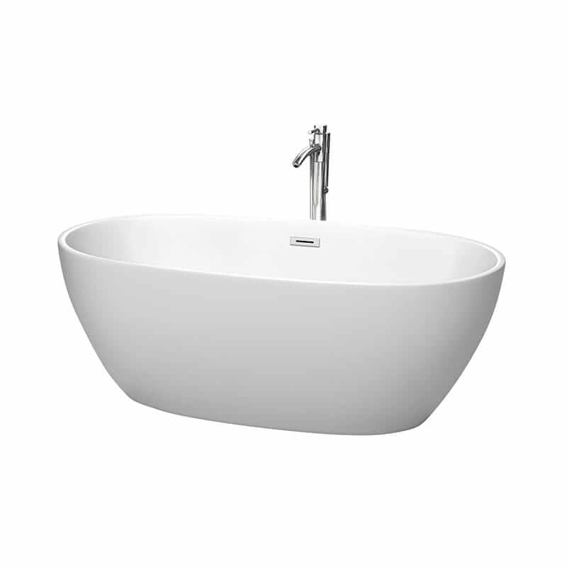 Juno 63" Freestanding Acrylic Matte White Bathtub With Polished Chrome Trim Top Front View