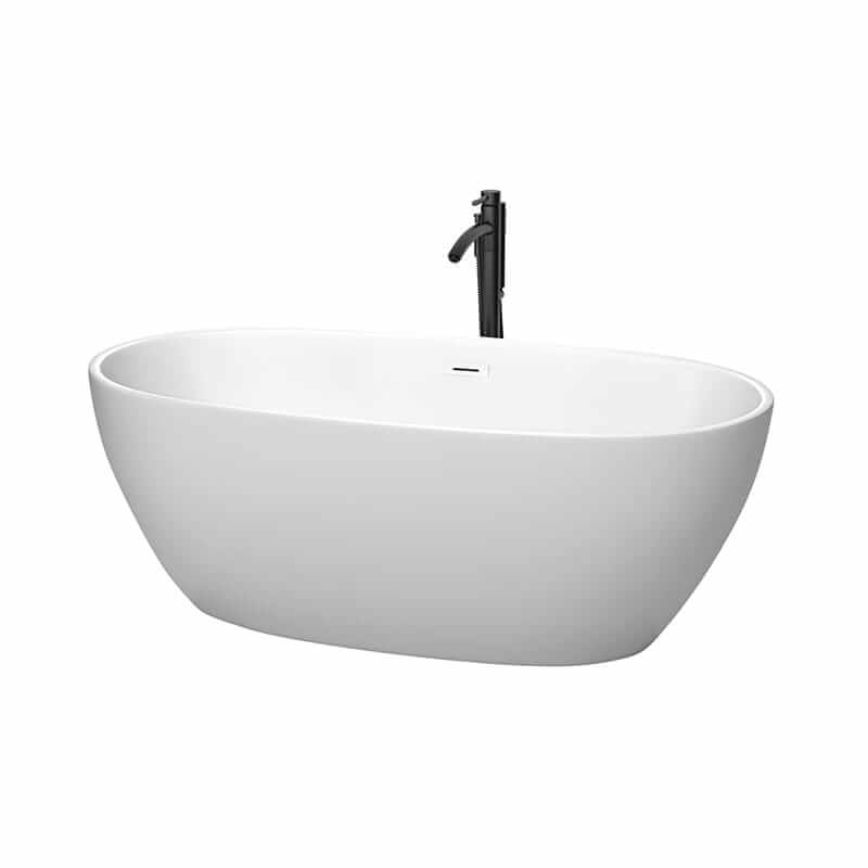 Juno 63" Freestanding Acrylic Matte White Bathtub With Shiny White Trim and Matte Black Faucet Top Front View