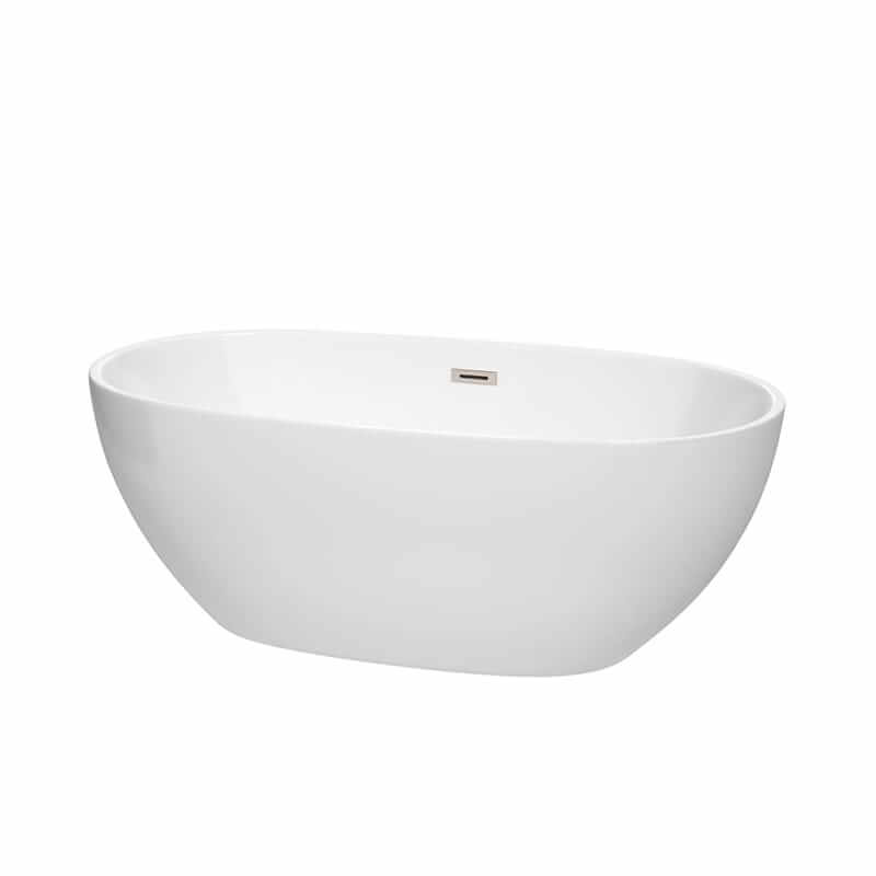 Juno 63" Freestanding Acrylic White Bathtub With Brushed Nickel Trim No Faucet Top Front View