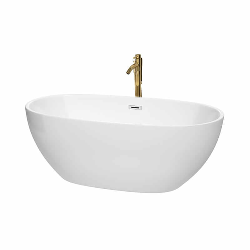 Juno 63" Freestanding Acrylic White Bathtub With Polished Chrome Trim and Brushed Gold Faucet Top Front View
